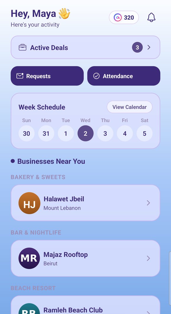 Creator home screen showing nearby businesses and week schedule