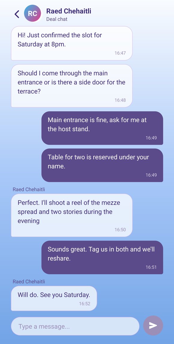 In-app deal chat between a business and a creator